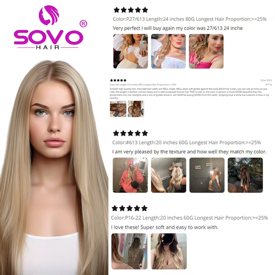 SOVO pince dans les Extensions de cheveux cheveux humains 3 pièces os droit pince Ins Extension de cheveux 60-90G vrais cheveux européens naturels 12-26"