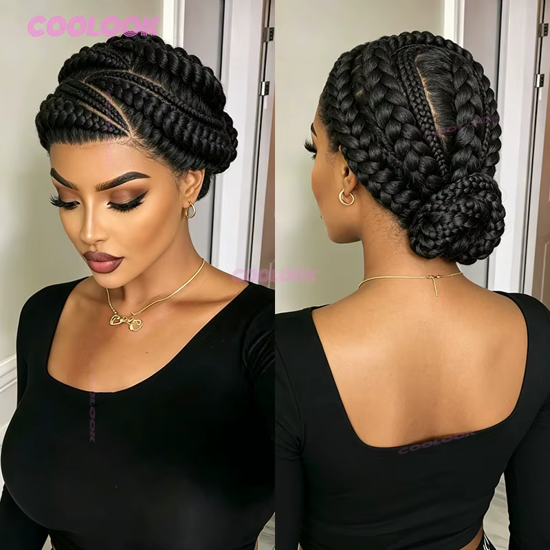 Perruque tressée sans colle avec chignon cornrow