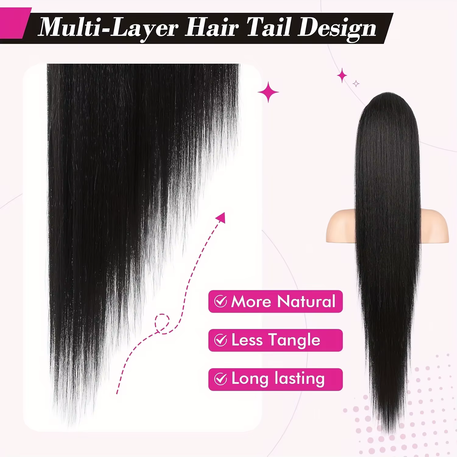 10-26 pouces longue droite cordon queue de cheval Extensions 100% cheveux humains enrouler autour du Clip