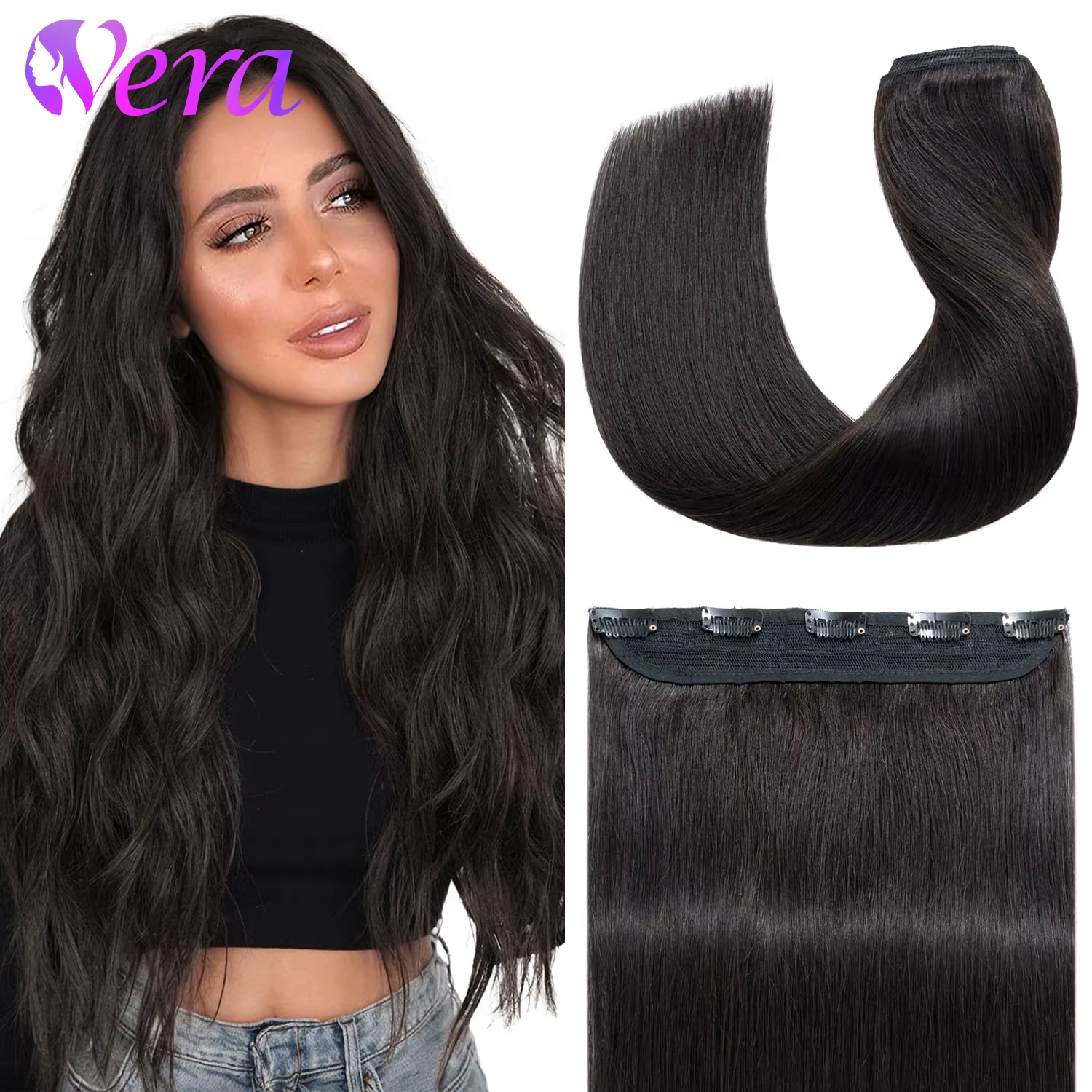 Clip dans les Extensions de cheveux humains 1 pièce 5 Clips 3/4 pince pleine tête sur Extension