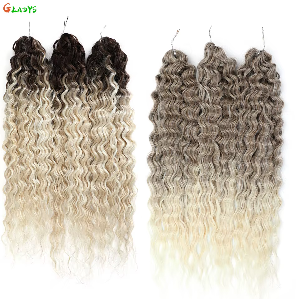 Extensions de cheveux synthétiques Ariel Ombre Blonde Deep Wave Braids, 300g/3 pièces, 24 pouces (60cm), Ombre Brown, cheveux bouclés torsadés au crochet