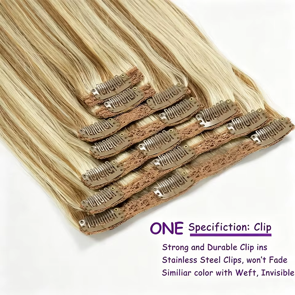 Extensions de cheveux à clipser, cheveux humains vierges, extensions brésiliennes à clipser, lisses, couleur blonde pour femmes, 16-26 pouces