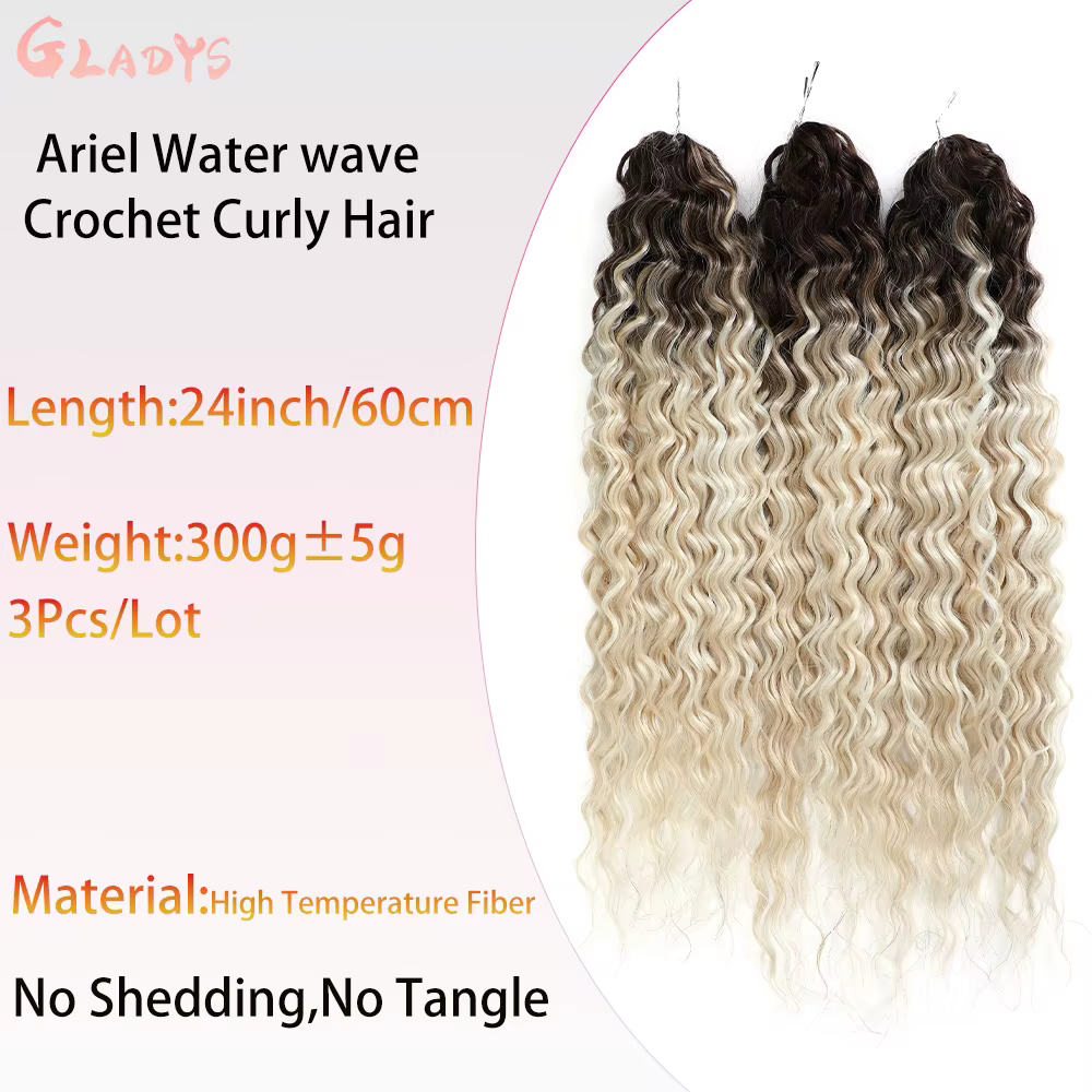 Extensions de cheveux synthétiques Ariel Ombre Blonde Deep Wave Braids, 300g/3 pièces, 24 pouces (60cm), Ombre Brown, cheveux bouclés torsadés au crochet