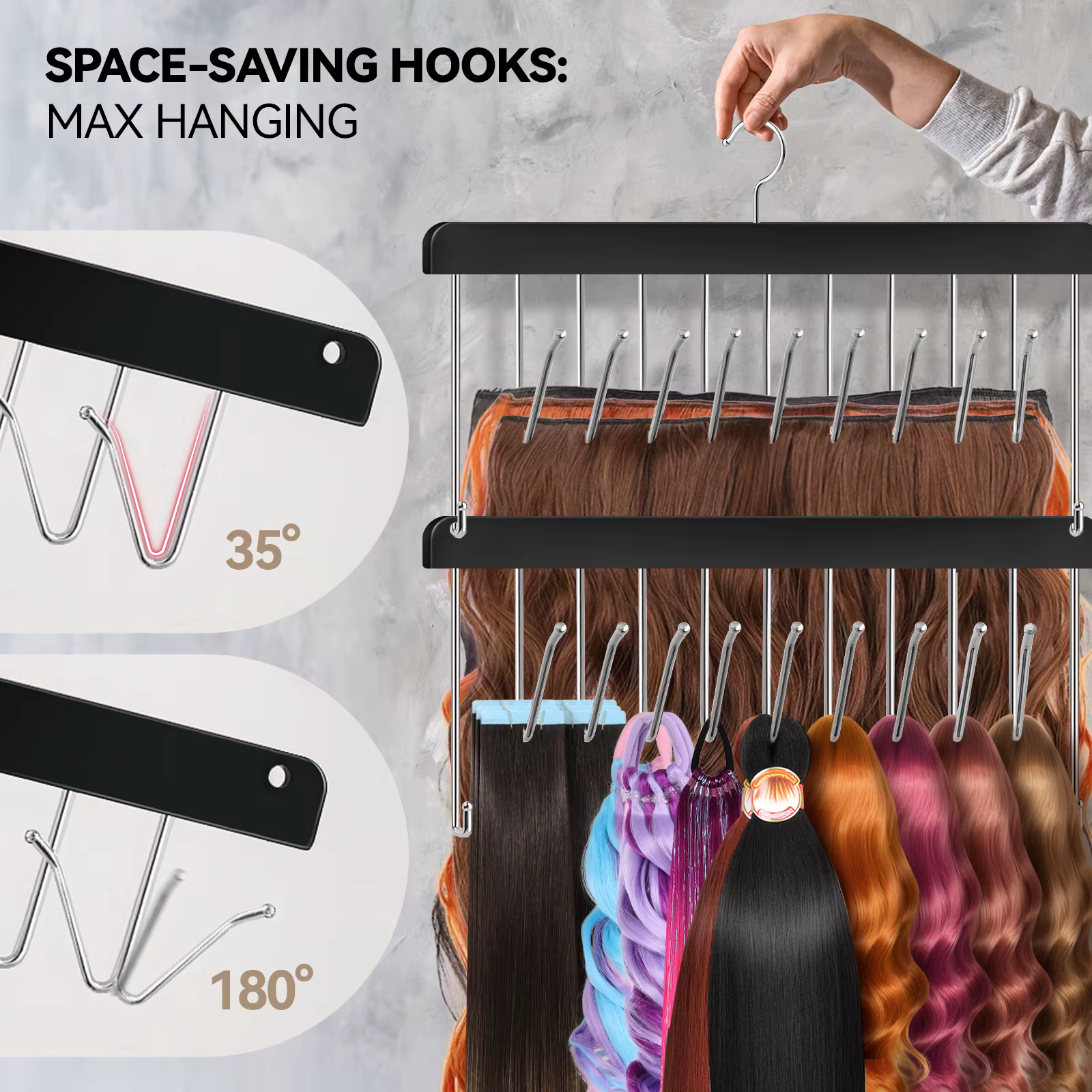 Nouveau lot de 2 supports et cintres rotatifs pour extensions de cheveux et perruques