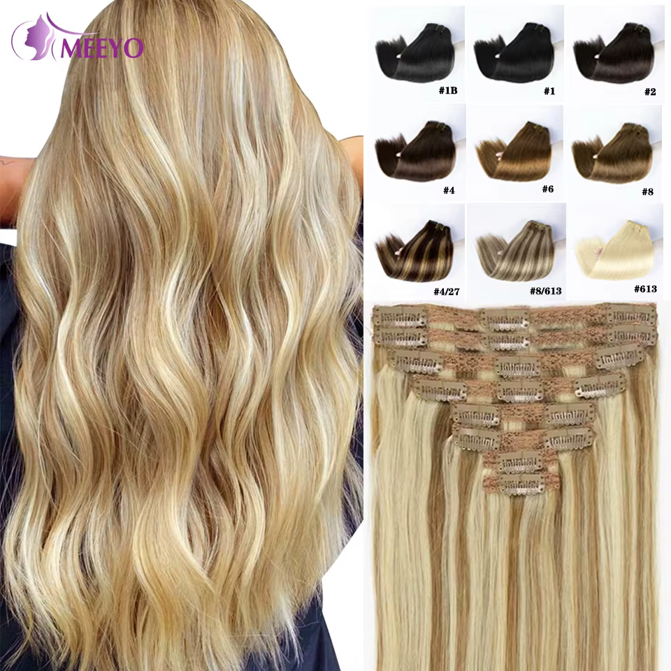 Extensions de cheveux à clipser, cheveux humains vierges, extensions brésiliennes à clipser, lisses, couleur blonde pour femmes, 16-26 pouces