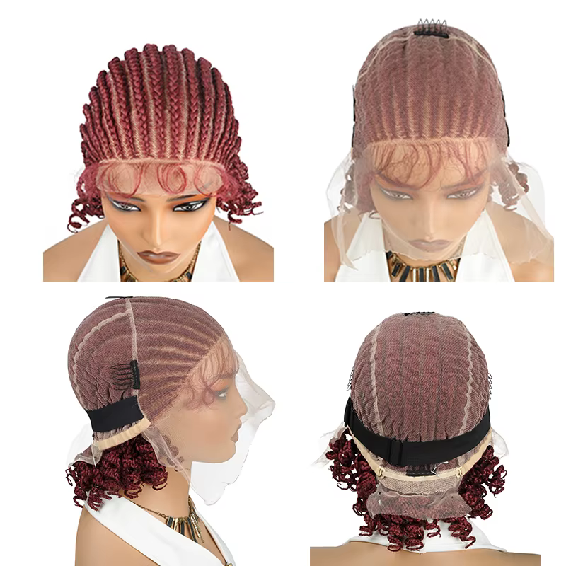 Perruque tressée de 8 pouces, cheveux courts tressés, perruque bob bohème, tresses box braids sans nœuds, tresses cornrows avec pointes bouclées, perruque tressée en dentelle pour femmes