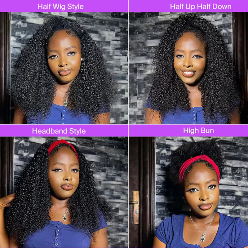 Perruque mi-tête bouclée crépue en cheveux humains