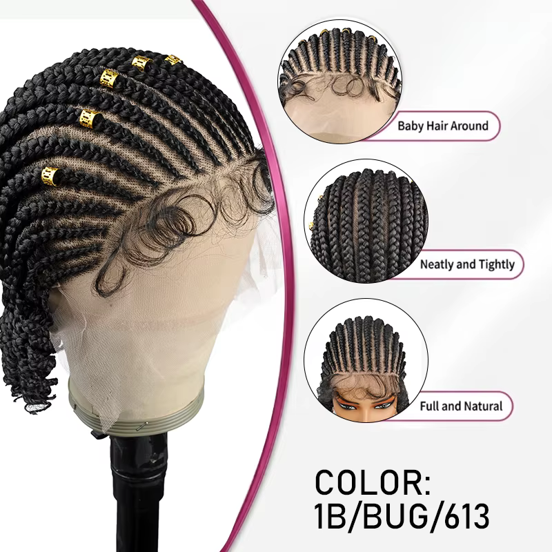 Perruque tressée de 8 pouces, cheveux courts tressés, perruque bob bohème, tresses box braids sans nœuds, tresses cornrows avec pointes bouclées, perruque tressée en dentelle pour femmes