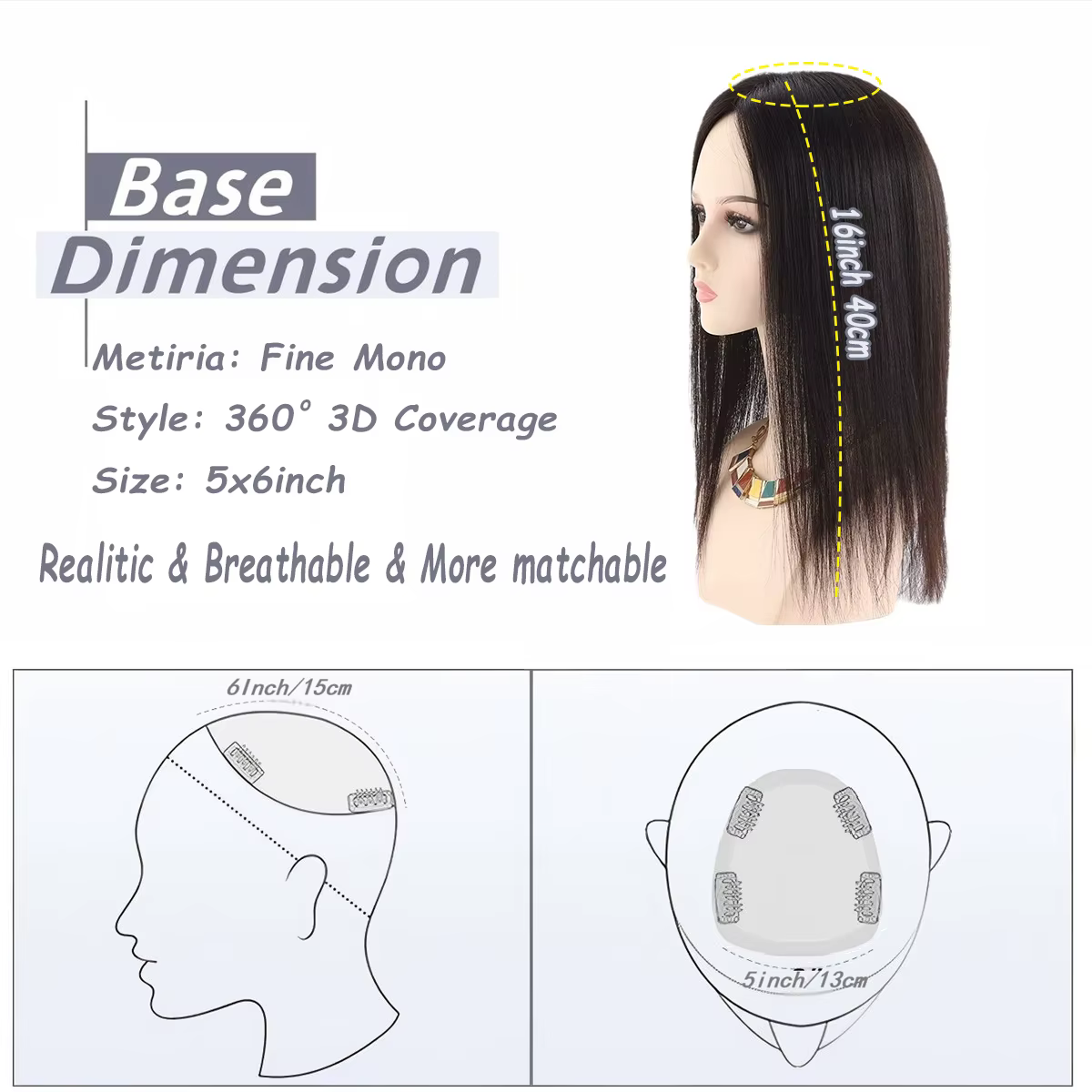 100% vrais cheveux humains Toppers pour femmes pince dans les postiches respirant 5 "x 6" grande Base Mono pour couvrir