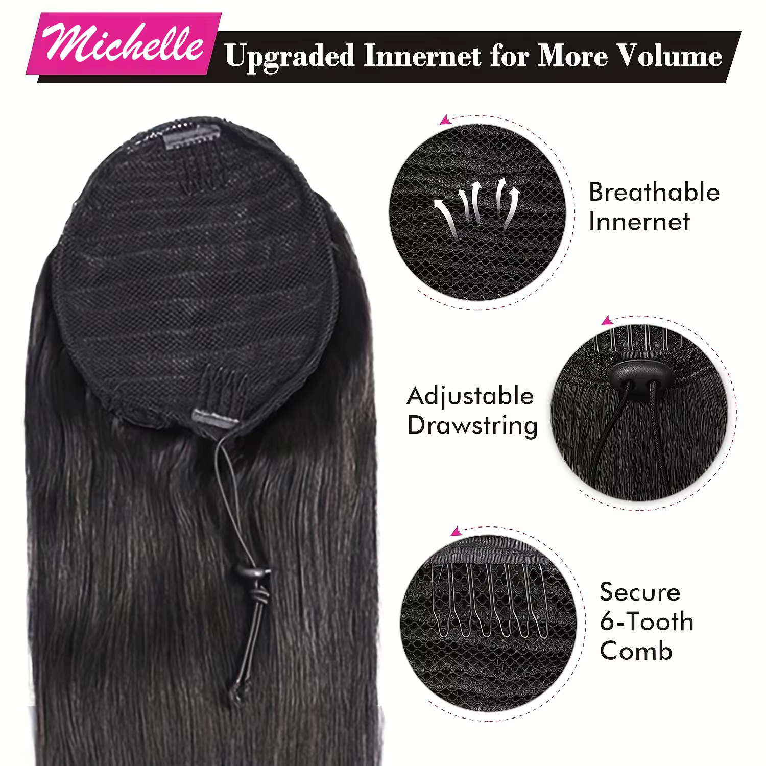 10-26 pouces longue droite cordon queue de cheval Extensions 100% cheveux humains enrouler autour du Clip