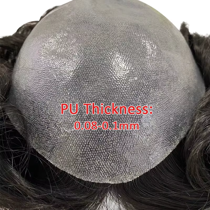 Hommes toupet avec noeuds peau mince prothèse capillaire pleine PU 0.08-0.1 cm indien perruques de cheveux humains