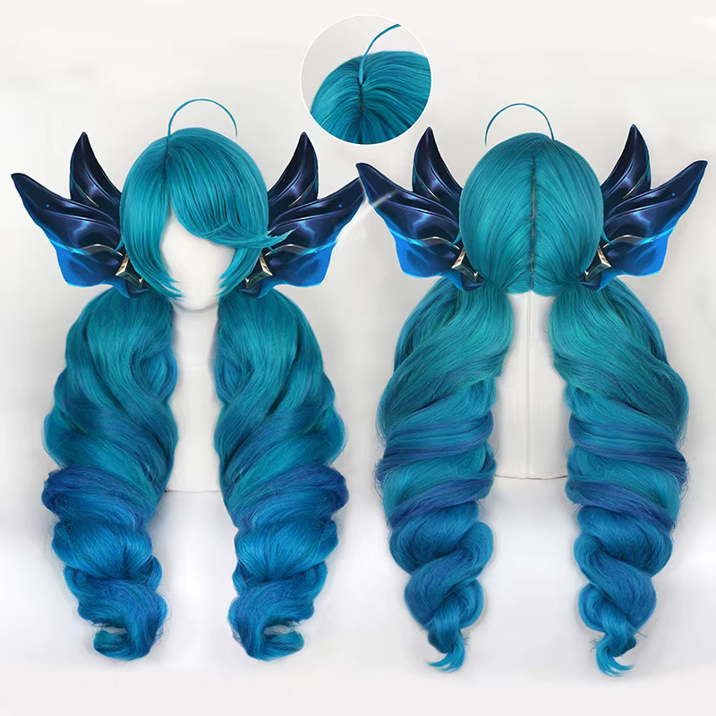 Gwen Game LOL Cosplay perruque bleu vert mixte longues perruques bouclées résistant à la chaleur cheveux synthétiques