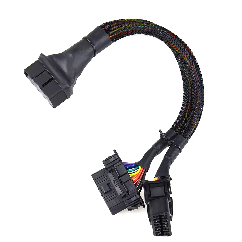 Câble d'extension coudé OBD2 mâle vers double femelle avec 16 broches disponibles pour connecté 1 en 2 adaptateur d'extension OBD 2 converti