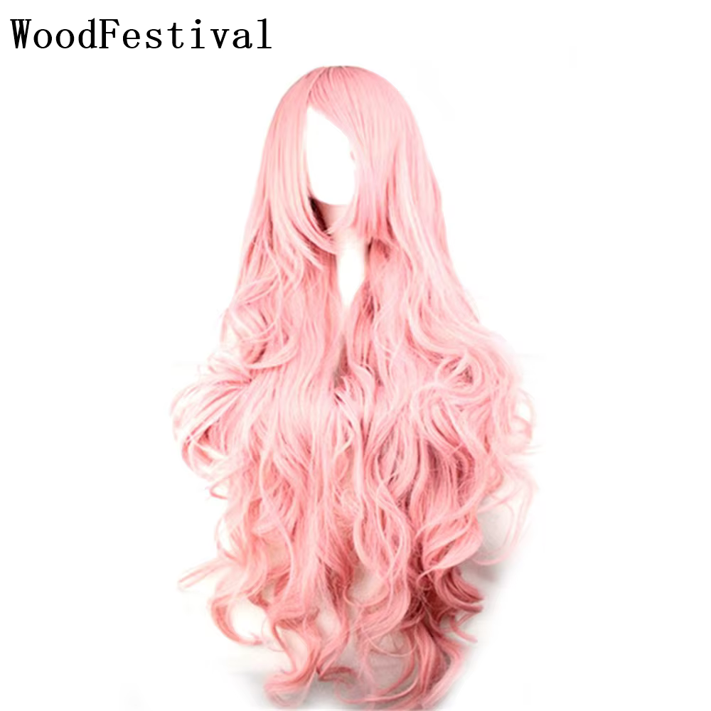 Perruques de cheveux synthétiques pas cher 100 CM longue perruque rose avec frange