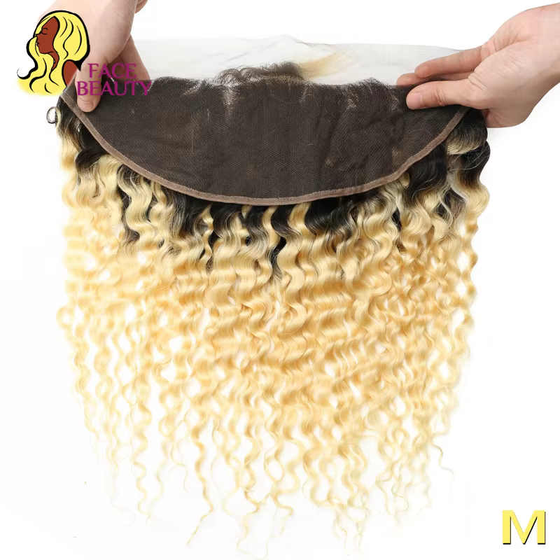 Facebeauty 1B 613 Remy Brazilian Curly Frontal Honey Blonde Ombre Cheveux Humains 13*4 Pré-Plucké de l'oreille