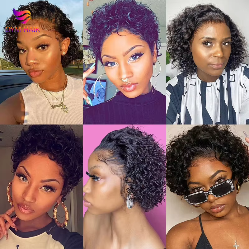 13x4 dentelle frontale perruques cheveux humains coupe lutin 180% densité couleur noire vague d'eau courte