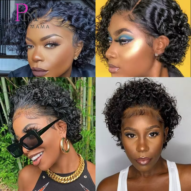 Perruque Bob Brésilienne Naturelle Remy, Cheveux Courts Bouclés, Coupe Pixie, Pre-Plucked, Water Wave, Bon Marché, pour Femme
