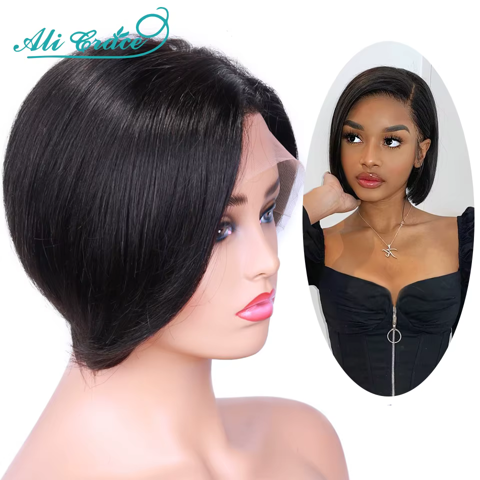 Perruque de cheveux brésiliens courts et lisses, coupe Pixie 20CM, coupe droite, pré-épilée, Ali Grace Lace Part Lace Wigs