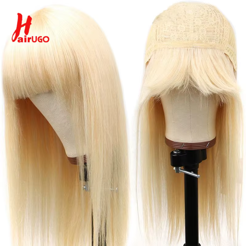 HairUGo-Perruque blonde sans colle avec frange pour femme
