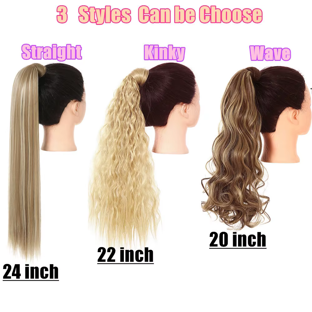 Clip synthétique en queue de cheval Extension de cheveux perruque droite crépus bouclés longue enrouler autour de fausse