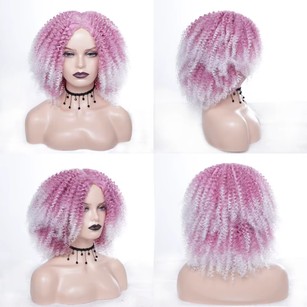 Msiperruque marron synthétique Kinkly bouclés perruques pour femmes Ombre Blonde rose rouge court Afro perruque afro-américaine noir moyen partie cheveux