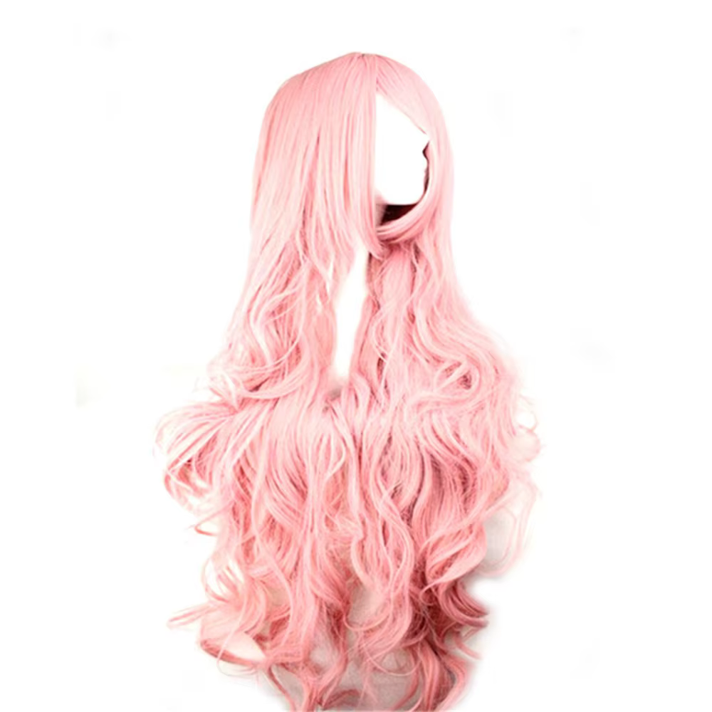 Perruques de cheveux synthétiques pas cher 100 CM longue perruque rose avec frange