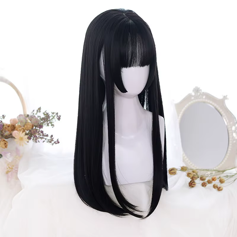AOSI – perruques synthétiques noires longues et lisses avec frange pour femmes, perruques de fête de Cosplay de noël à la mode
