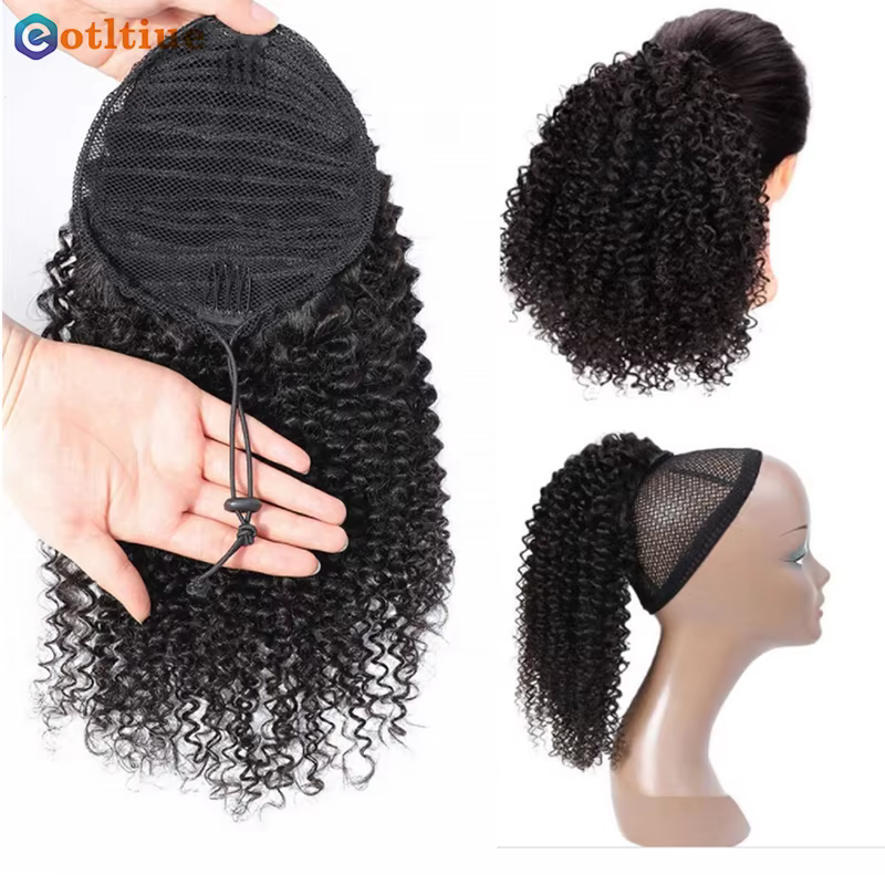 Extensions de cheveux crépus bouclés cordon bouffant queue de cheval brésilien réel pince