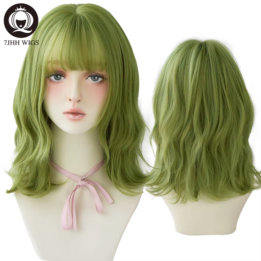 7JHH perruques vert Olive vague profonde perruque avec frange pour les femmes fête délicate Cosplay résistant à la