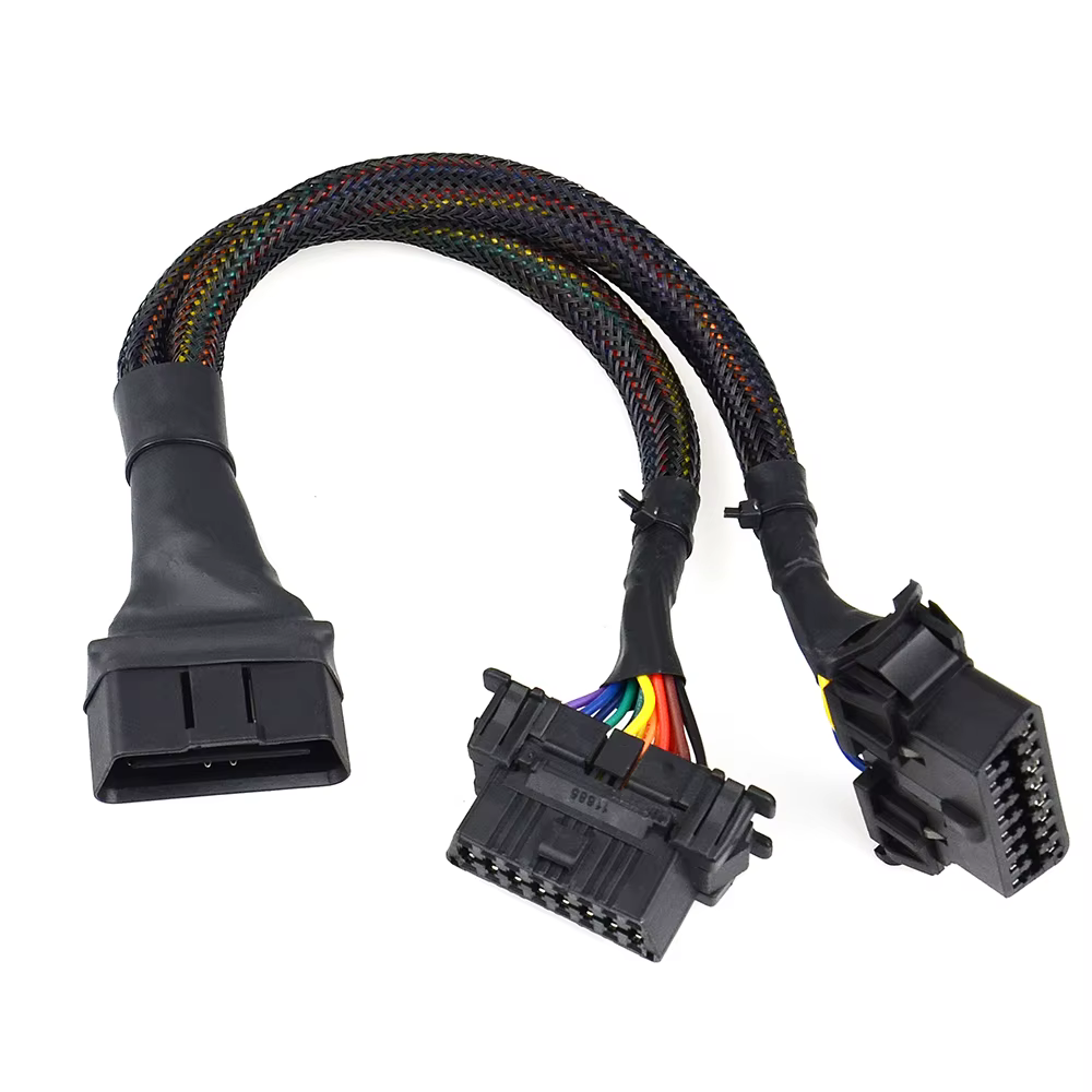 Câble d'extension coudé OBD2 mâle vers double femelle avec 16 broches disponibles pour connecté 1 en 2 adaptateur d'extension OBD 2 converti