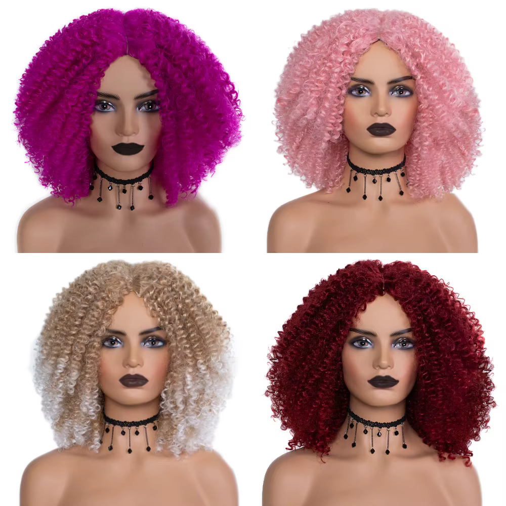 Msiperruque marron synthétique Kinkly bouclés perruques pour femmes Ombre Blonde rose rouge court Afro perruque afro-américaine noir moyen partie cheveux