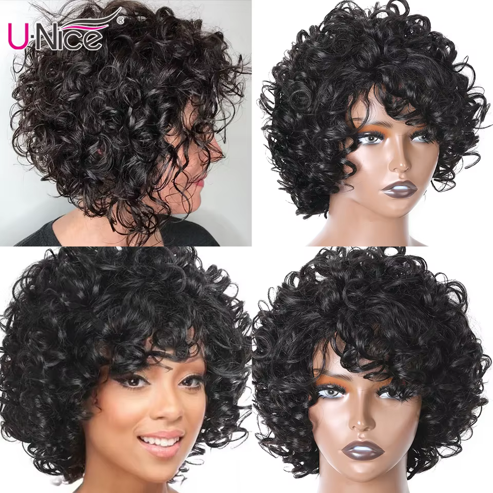 Unice Hair-Perruque brésilienne bouclée sans colle pour femme, cheveux naturels noirs, coupe pixie