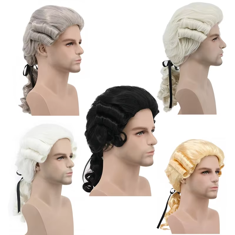 Gris blanc noir avocat juge baroque bouclés mâle Costume perruques de luxe historique Halloween longue synthétique