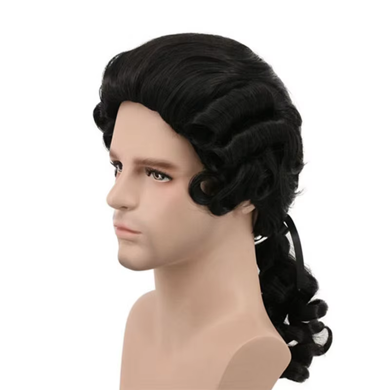 Gris blanc noir avocat juge baroque bouclés mâle Costume perruques de luxe historique Halloween longue synthétique