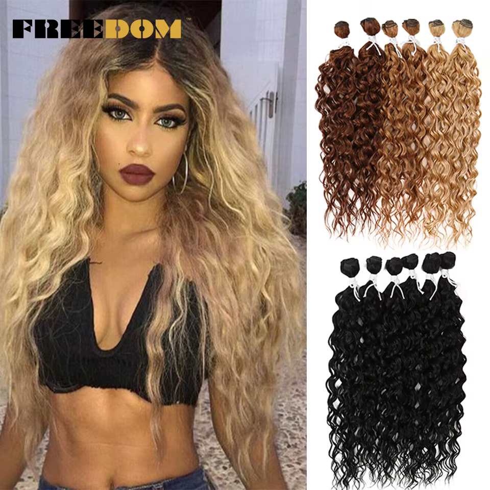 FREEDOM – Extensions capillaires synthétiques, cheveux bouclés, blonds ombrés, 24-28 pouces, 6 pièces/lot, résistants à la chaleur, pour femmes noires