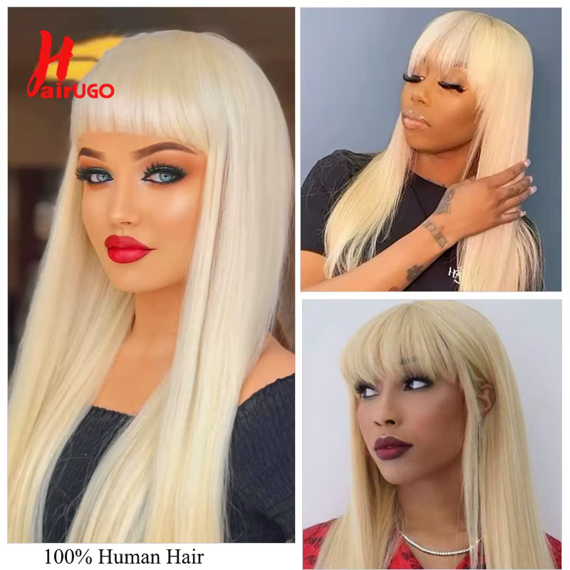 HairUGo-Perruque blonde sans colle avec frange pour femme