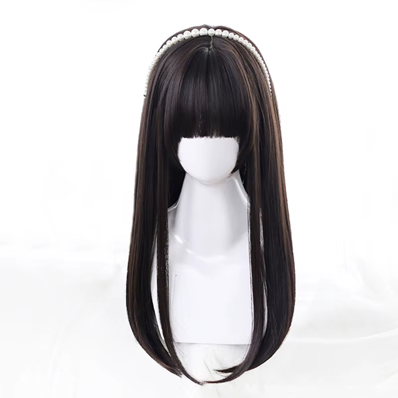 AOSI – perruques synthétiques noires longues et lisses avec frange pour femmes, perruques de fête de Cosplay de noël à la mode
