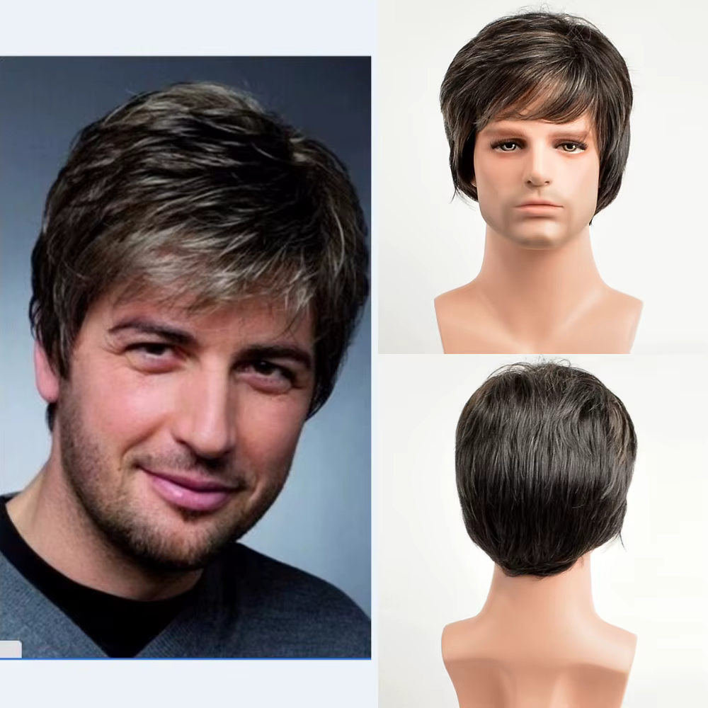 Perruque Synthétique Courte Droite Grise Argentée pour Homme