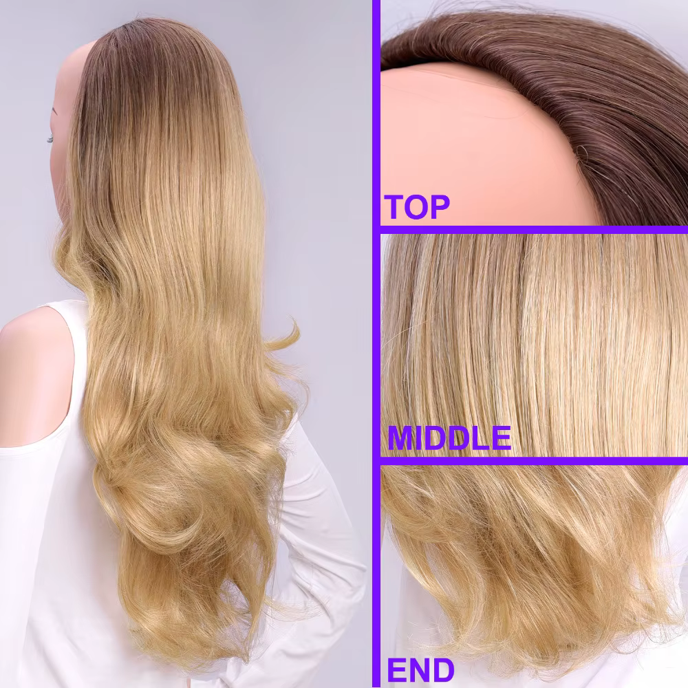 DinDong Demi Perruque Synthétique Ondulée pour Femmes, Extension à Clipser dans Cheveux, Peigne, sur Tête en Maille, 3/4, 24 Pouces, 60 cm