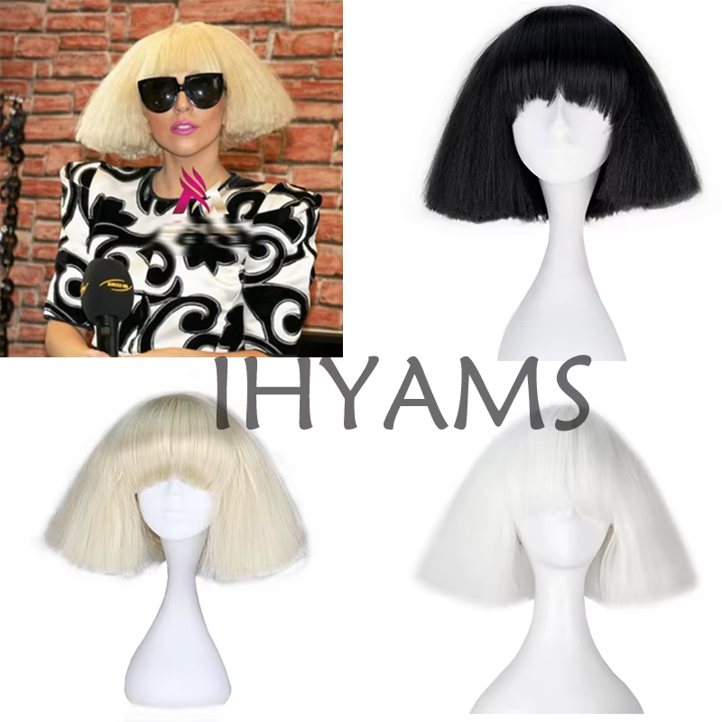Lady Gaga-Perruque Synthétique Noire Blonde et Blanche pour Cosplay