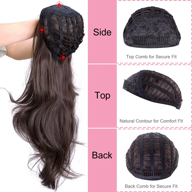DinDong Demi Perruque Synthétique Ondulée pour Femmes, Extension à Clipser dans Cheveux, Peigne, sur Tête en Maille, 3/4, 24 Pouces, 60 cm
