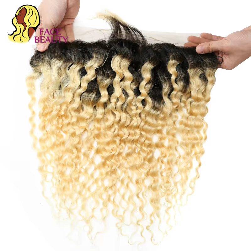 Facebeauty 1B 613 Remy Brazilian Curly Frontal Honey Blonde Ombre Cheveux Humains 13*4 Pré-Plucké de l'oreille