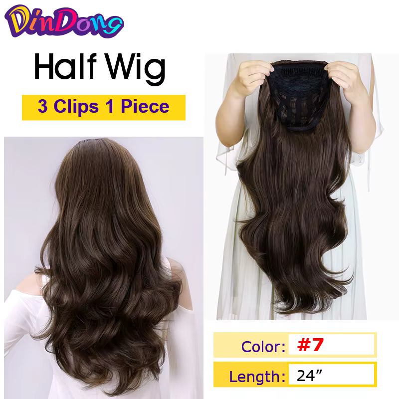 DinDong Demi Perruque Synthétique Ondulée pour Femmes, Extension à Clipser dans Cheveux, Peigne, sur Tête en Maille, 3/4, 24 Pouces, 60 cm