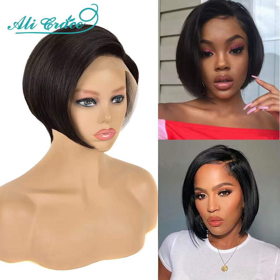 Perruque de cheveux brésiliens courts et lisses, coupe Pixie 20CM, coupe droite, pré-épilée, Ali Grace Lace Part Lace Wigs