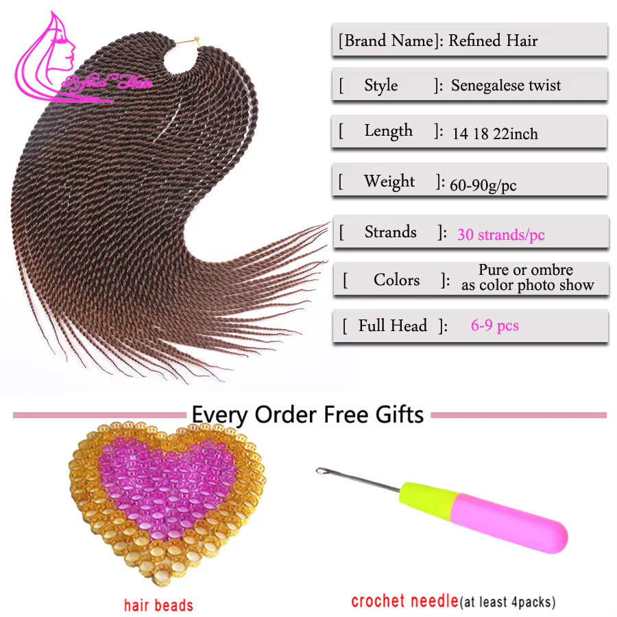 Cheveux raffinés synthétiques petites tresses au Crochet tresse torsadée sénégalaise 30 racines/pièce Extensions