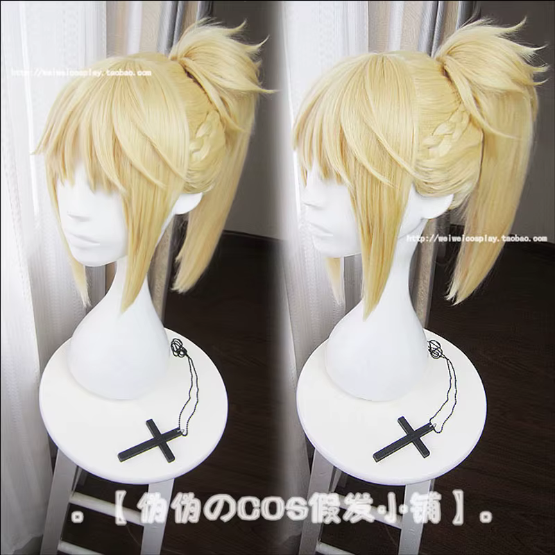 Jeu destin Apocrypha Mordred Cosplay perruque 40 cm de Long doré clair résistant à la chaleur synthétique cheveux