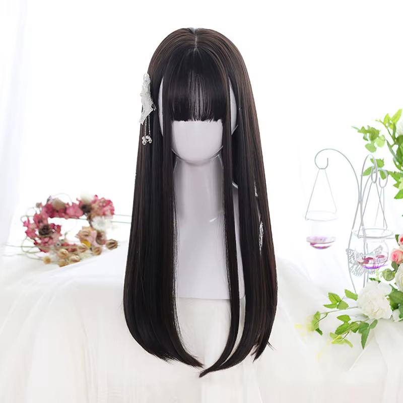 AOSI – perruques synthétiques noires longues et lisses avec frange pour femmes, perruques de fête de Cosplay de noël à la mode
