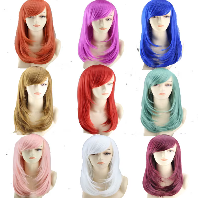 Perruque femme perruques droites perruque de cheveux synthétiques avec frange femme Cosplay perruques rouge bleu rose blanc vert Orange bordeaux marron