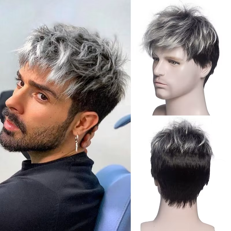 Perruque Synthétique Courte Droite Grise Argentée pour Homme