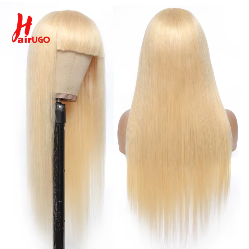 HairUGo-Perruque blonde sans colle avec frange pour femme